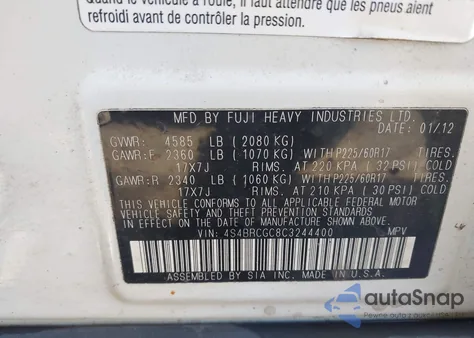 2012 Subaru Outback 2.5I Premium z USA, uszkodzony, nr VIN 4S4BRCGC8C3244400